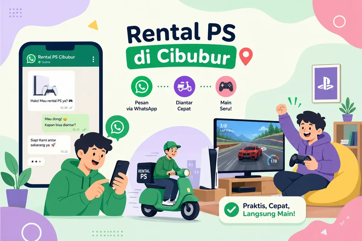 Ilustrasi pesan rental PS di Cibubur lewat WhatsApp, konsol diantar kurir, lalu langsung main